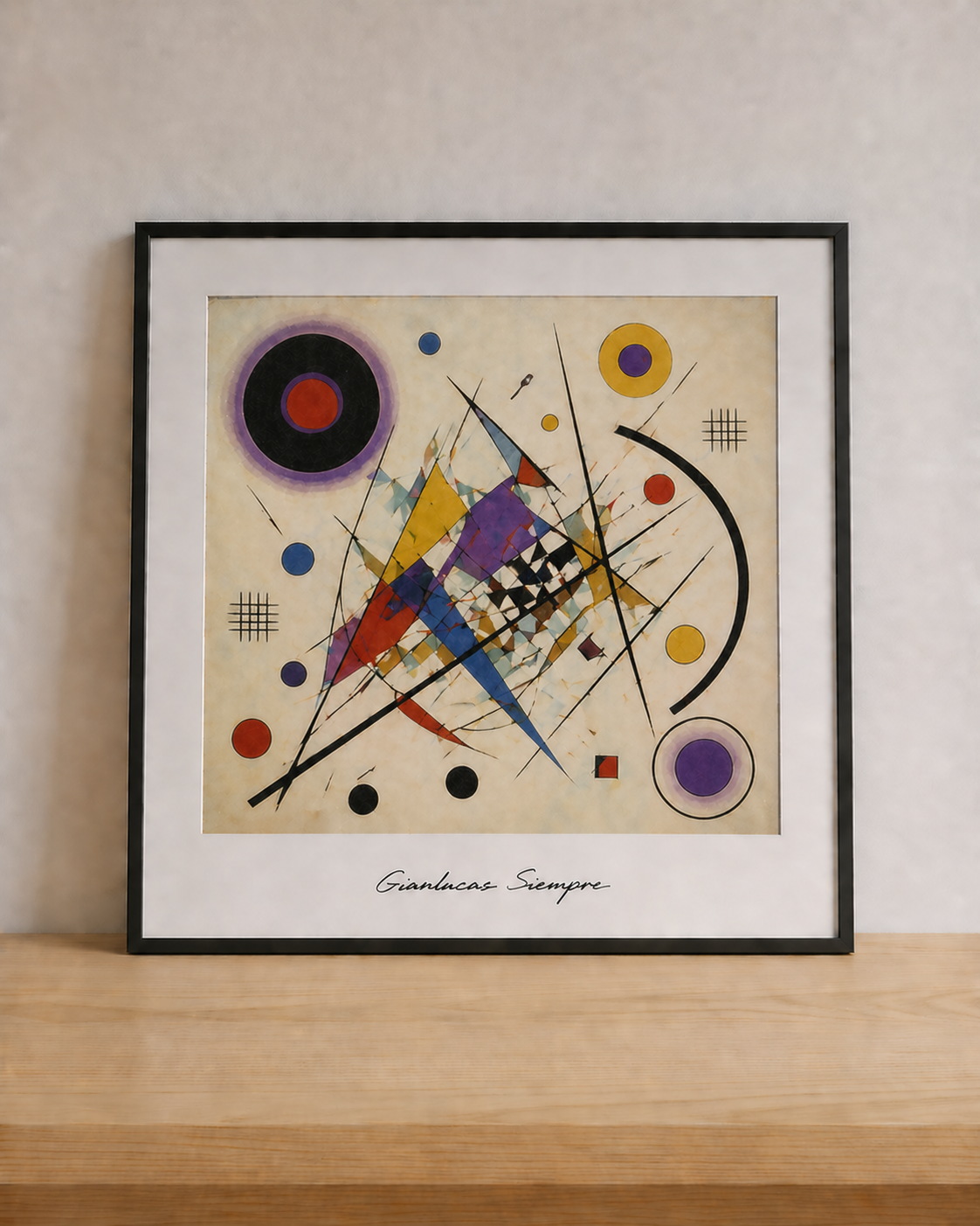 Abstract geometry on a wooden shelf