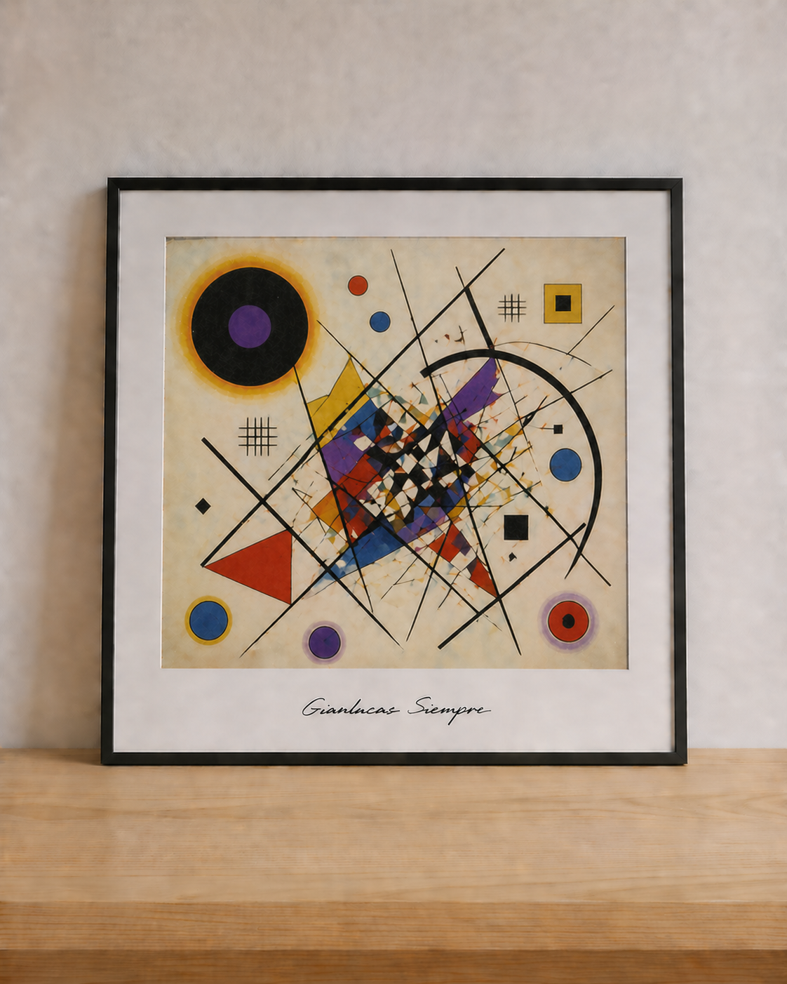 Abstract geometry on warm wood surface