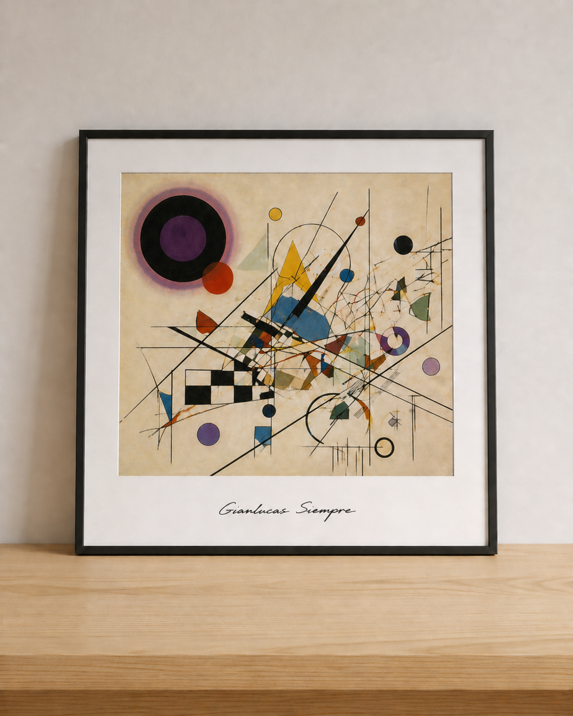 Abstract geometry on wooden shelf