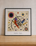 Geometric abstraction on wood shelf
