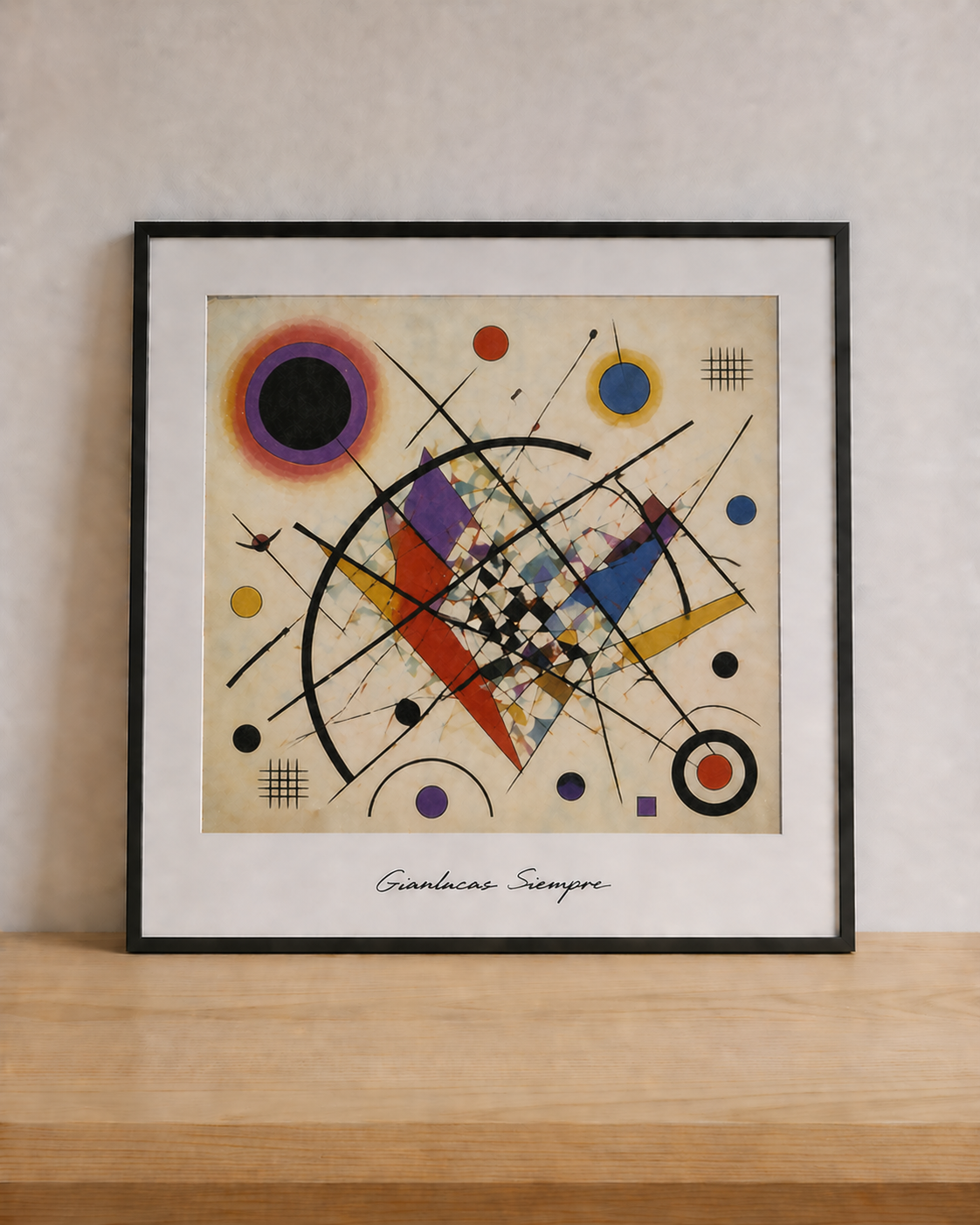 Geometric abstraction on wood shelf