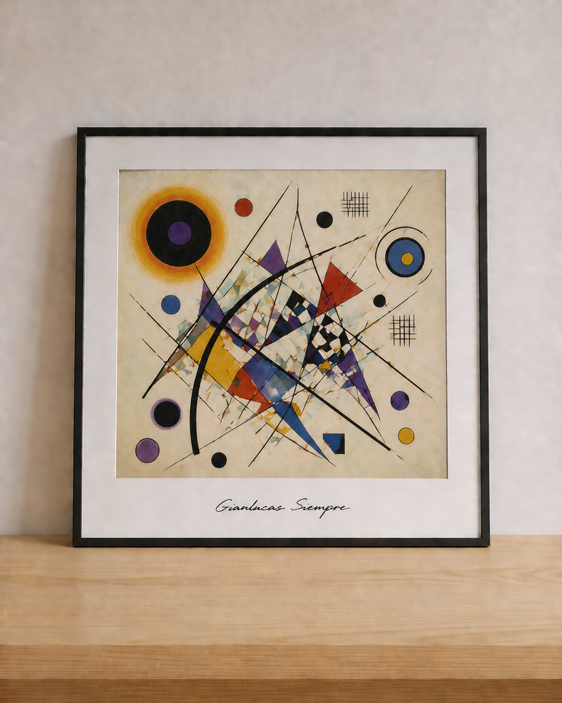 Geometric abstract painting on display