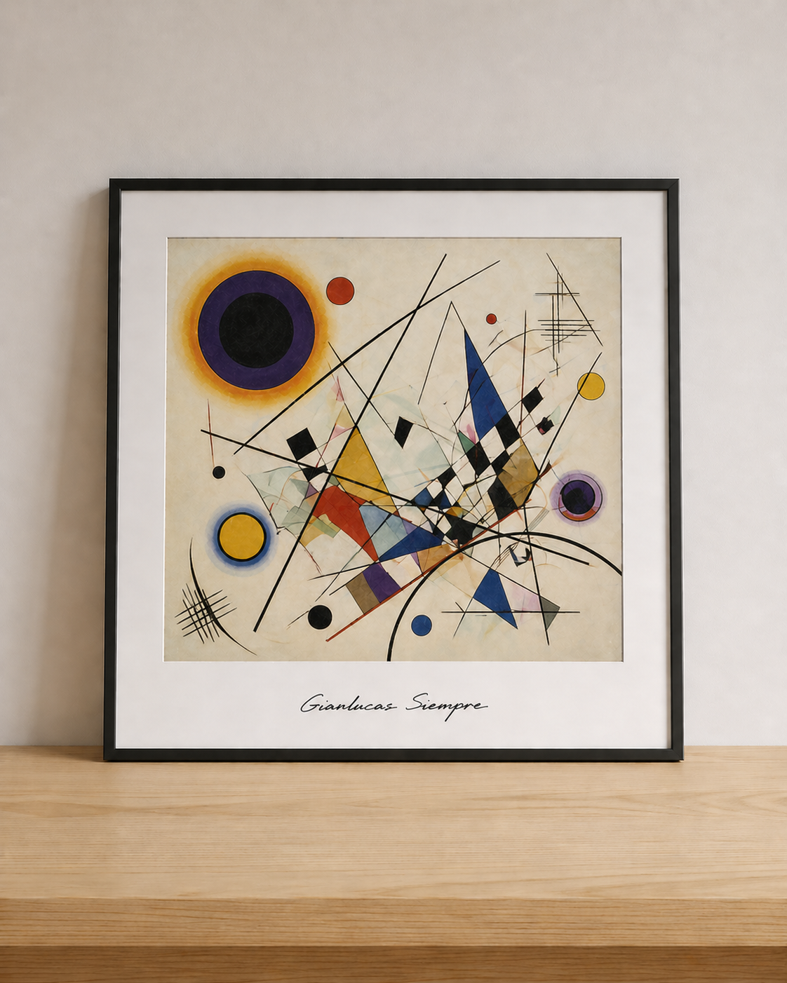 Modern abstract art on wooden shelf